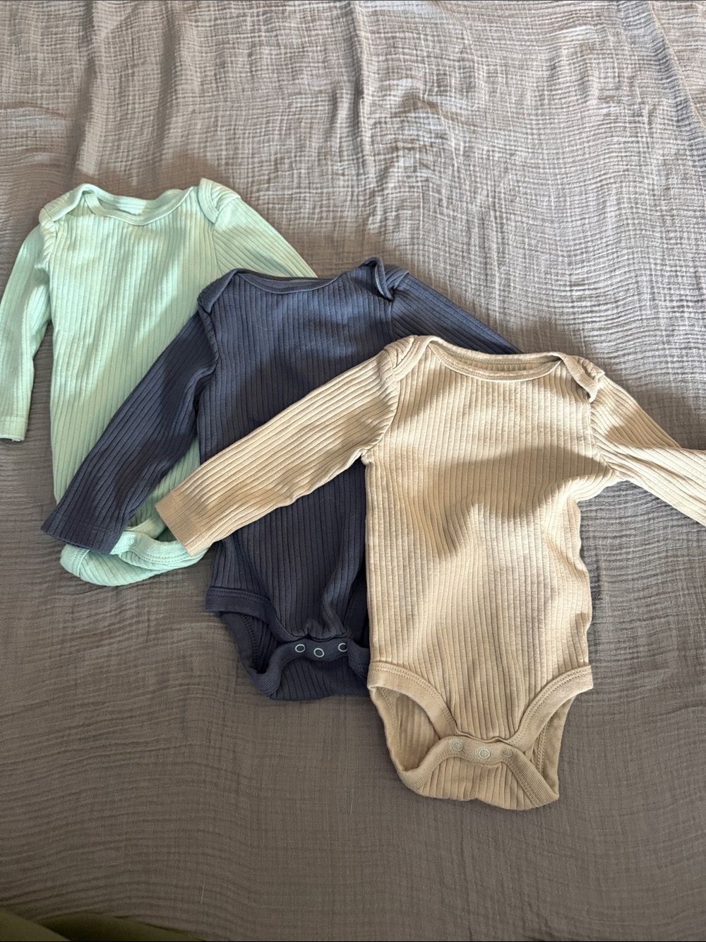 Ribbed Long Sleeve Baby One-Piece Bodysuits - Mint, Navy, Beige